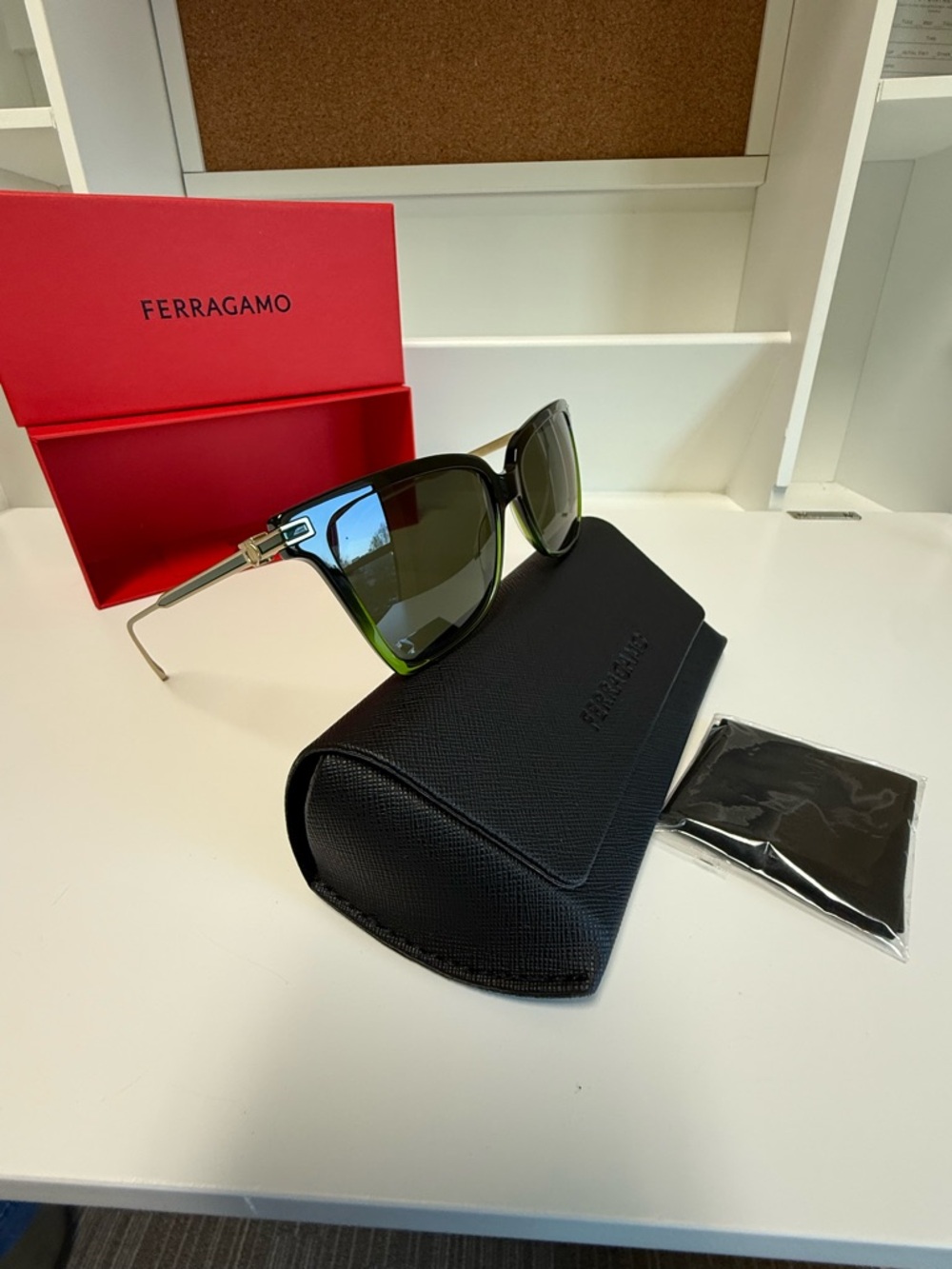 Ferragamo Women's Sunglasses: Gradient Transparent Dark Green, NEW